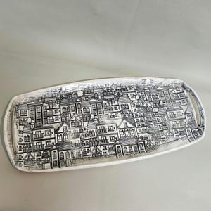 Handmade Ceramic Serving Tray,Black & White Cityscape ,Narrow Rectangular Dish, Architecture Art Pottery, Housewarming gifts for mother day