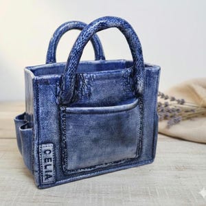 Ceramic Tote Bag Handmade, Denim Blue Pottery Mini organizer, Gift for Secretary, Handyman,Hand built Pottery Lovers, unique gifts for dad