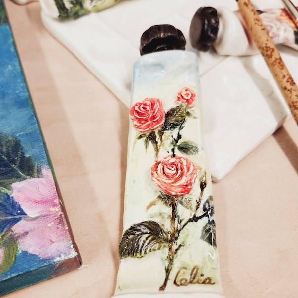 Paint brush Holder, Brush Rest Handmade Ceramic, Paintings of Roses, Pottery, Best Gifts for artists, gifts for Mum, Mother's day gift