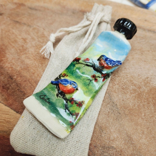 Brush Holders, Brush Rest Handmade, Ceramic Painting of Flowers, Blue Birds lovers,Gift for Artists,watercolor accessories, Canadian Made