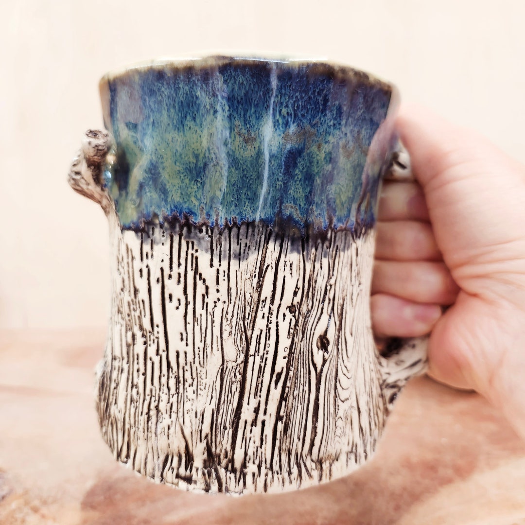 Ceramic Tree Stump Mug, Handmade Pottery, Green, Coffee , Large Tea Cup