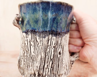 Tree Stump Mugs, Handmade Ceramic Tree Mug, Forest Green Large Coffee Mugs, Tea Cups Gifts for Pottery Lovers, Made in Canada,gifts for dad