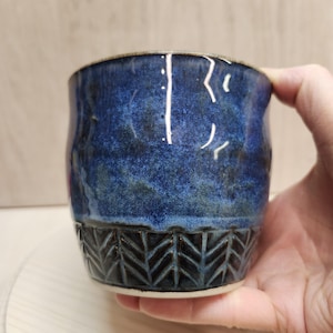 Handmade Ceramic Tumbler, Galaxy Blue Glazed with handcarved Geometric Texture Pottery Cup, Gift for Everyone, Studio Pottery by Celia Mak