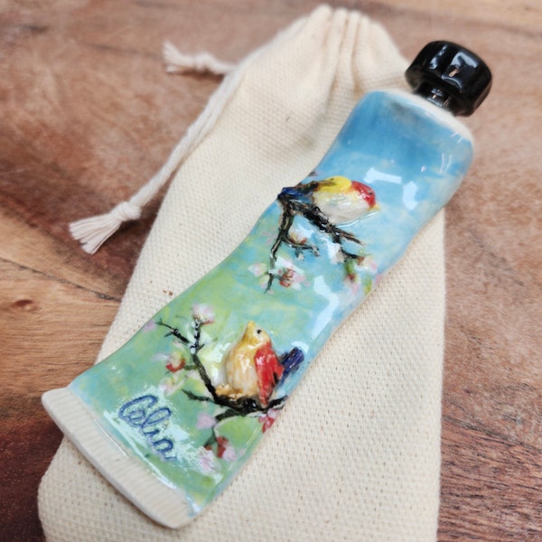 Brush Holders, Brush Rest Handmade, Ceramic Painting of Spring Flowers, Birds lovers,Gifts for Painter,Artists,watercolor accessories