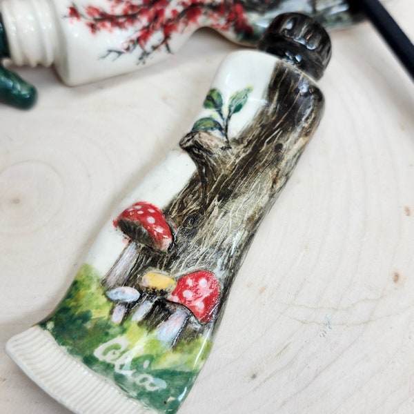 Paintbrush holder,3D ceramic hand painted brush rest shaped as a paint tube,art supplies,gift for Artist, Watercolor, oil painting accessory