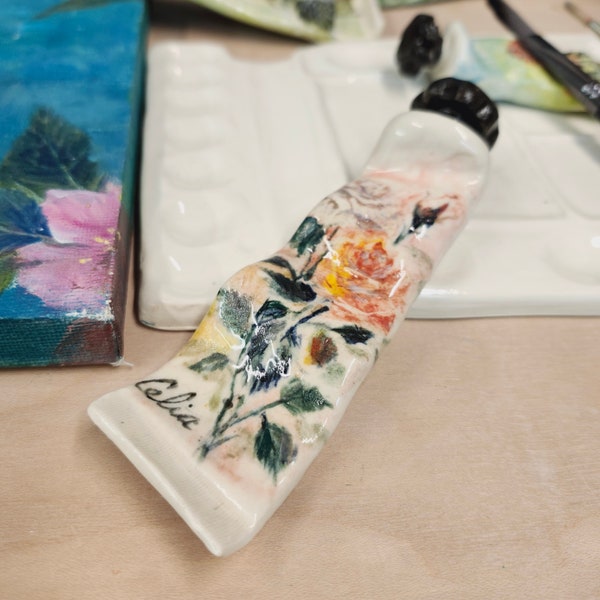 Ceramic Paintbrush Holder, Brush Rest Handmade, ceramic Paint Tube, Roses Lovers, Gift for Artists,watercolor accessories