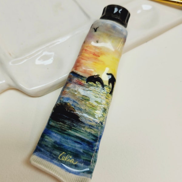 Paintbrush holder, hand painted ceramic seascape brush rest,sunset paint tube,art supply,gift for Artist, Watercolor,oil, painting accessory