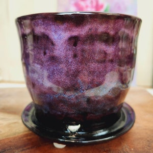 Contemporary Planter, handmade Flower Pot with saucer, Smokey Merlot Purple ceramic lover, Houseplants Lovers, unique gift for plant Mom,dad