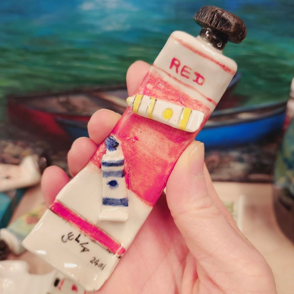 Ceramic Paintbrush Holder, Paint Tubes Brush Rest Handmade, Red Paint Tube, Watercolor Accessories, Best gifts for artists,painting supplies