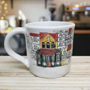 Handmade Ceramic Mug with Textured House Scape | Stoneware Coffee Mug | Artisan Cityscape Pottery Cup | Architecture Gift for Tea lovers