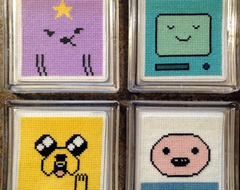 Adventure Time Cross Stitch, Set of 4 Patterns for Coasters - Finn, Jake, BMO, Lumpy Space Princess