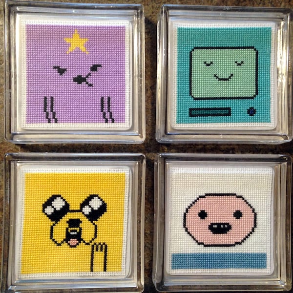 Adventure Time Cross Stitch, Set of 4 Patterns for Coasters - Finn, Jake, BMO, Lumpy Space Princess