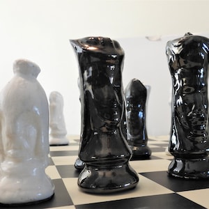 Handmade Ceramic Chess Sets, Metallic Black and White