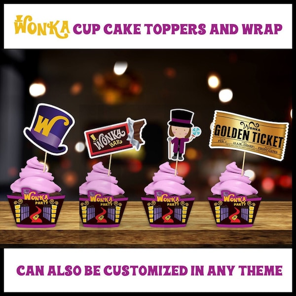 charlie toppers chocolate factory theme cupcake toppers wrappers birthday decoration party favors template ideas design instant download