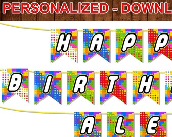 May include: A colorful printable banner with the words "Happy Birthday Alec" in a Lego block pattern. The banner is personalized and can be customized in any theme.