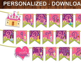 Princess banner girls birthday banner personalized garland Princess birthday decor theme party princess party decorations printable