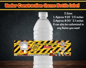 May include: A yellow and black construction themed water bottle label with the text "Happy 1st Birthday Mason" and a construction worker graphic. The label is approximately 9.25 inches by 2.5 inches.