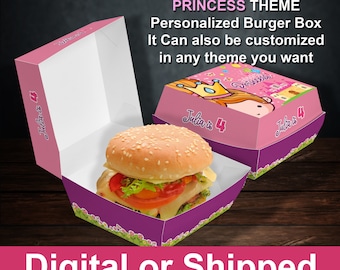 Princess theme burger box personalized favors birthday decoration party food hamburger box custom printable template printables Pink purple