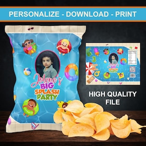 Pool Party Splash Chip Beutel rosa Schwimmbad Geburtstag Pool Party Chips Tasche Gastgeschenk download printable Geburtstag Personalisierte Gastgeschenk Tasche