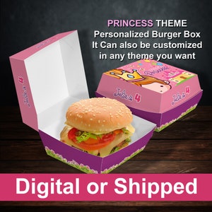 Caixa de hambúrguer com tema de princesa, lembranças personalizadas, decoração de aniversário, festa, comida, caixa de hambúrguer, modelo personalizado para impressão, rosa, roxo