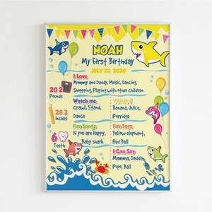 Lavagna per il primo compleanno del bambino con lo squalo. Lavagna per il primo compleanno. Lavagna per il compleanno del bambino dello squalo. Decorazioni per la festa di compleanno dello squalo giallo per ragazzi