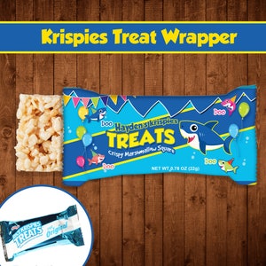 blu shark tema riso krispies trattare involucro blu ragazzo squalo baby party favorisce scaricare compleanno stampabile Modello di favore personalizzato