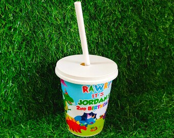 Dinosaur Birthday Party Cups with Lids & Straws