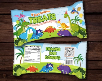 Envoltorio personalizado de Rice Krispies de cumpleaños de dinosaurio (descarga digital)
