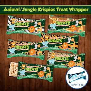 Puede incluir: Un conjunto de seis envoltorios de golosinas imprimibles con tem&aacute;tica de animales de la selva. Los envoltorios son verdes, marrones y negros con im&aacute;genes de un le&oacute;n, una jirafa, una cebra, un mono y un elefante. El texto en los envoltorios dice "Sebastian's Krispies Treats" y "Crispy Marshmallow Squares". Los envoltorios est&aacute;n dise&ntilde;ados para adaptarse a una golosina Krispies de tama&ntilde;o est&aacute;ndar.