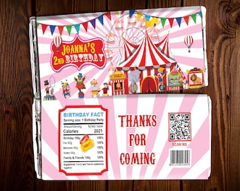 Envoltorio personalizado para barra de caramelos de cumpleaños de carnaval, temática de circo rosa (archivo digital)