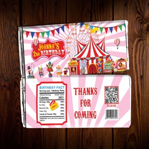 Carnival theme 1.55 oz candy bar candy wrapper circus theme candy label personalized birthday favors carnival Pink girl party decoration