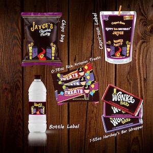 Charlie birthday favor set bundle bottle wrapper Caprisun rice krispies treat candy bar charlie chocolate factory decoration chip bag