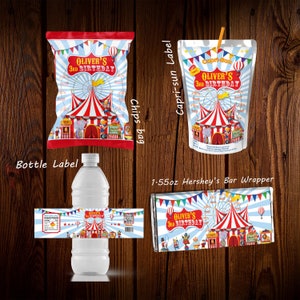 Carnival theme birthday favor set bundle bottle wrapper Caprisun label candy bar wrapper carnival circus party favors decoration blue boy