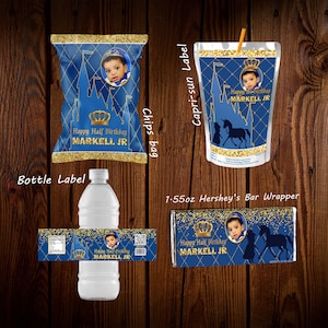 Royal Prince birthday favor set bundle bottle wrapper Caprisun label candy bar wrapper prince party favors decoration royal blue boy