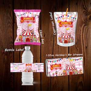 Carnival Birthday Party Favor Set: Bottle, Capri-Sun, Candy Wrappers