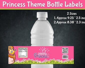 Princess theme water bottle label personalized wrapper labels favors birthday girls party printable stickers custom sticker decorations