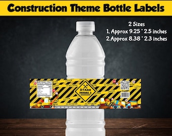 May include: Construction themed water bottle labels with yellow and black stripes, a caution sign with the text "AYAAN TURNS 3", and a QR code. The labels are approximately 9.25 by 2.5 inches or 8.38 by 2.3 inches.