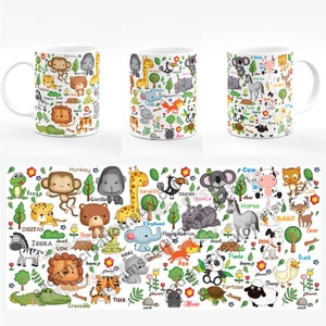 May include: White ceramic mug with a colorful pattern of various animals, including a monkey, giraffe, zebra, lion, elephant, hippopotamus, toucan, koala, fox, panda, cat, dog, duck, sheep, tortoise, mouse, frog, cheetah, bear, crocodile, and tiger. The animals are surrounded by trees, flowers, and leaves.