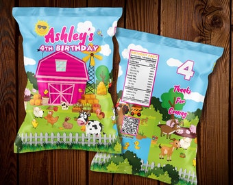 Farmhouse theme chip bags pink girls Personalize chip bags farmhouse party favors download farm animals printable farmhouse birthday decor