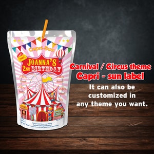 Circus carnival theme caprisun label pink red girls carnival Personalize Capri sun juice favors carnival printable joker theme birthday