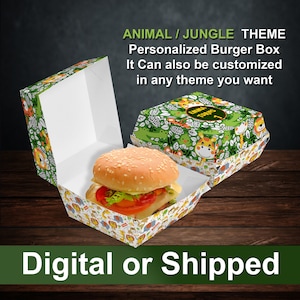 Caixa de hambúrguer com tema de animais da selva, lembranças personalizadas, decoração de aniversário, festa, comida, caixa de hambúrguer, modelo personalizado para impressão