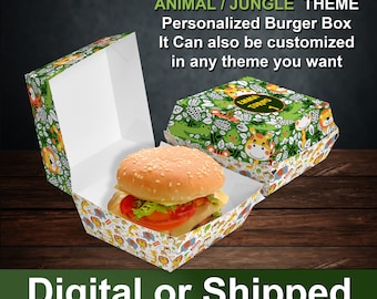 Jungle Animal Theme Burger Box: Personalized Party Decoration (Digital or Shipped)