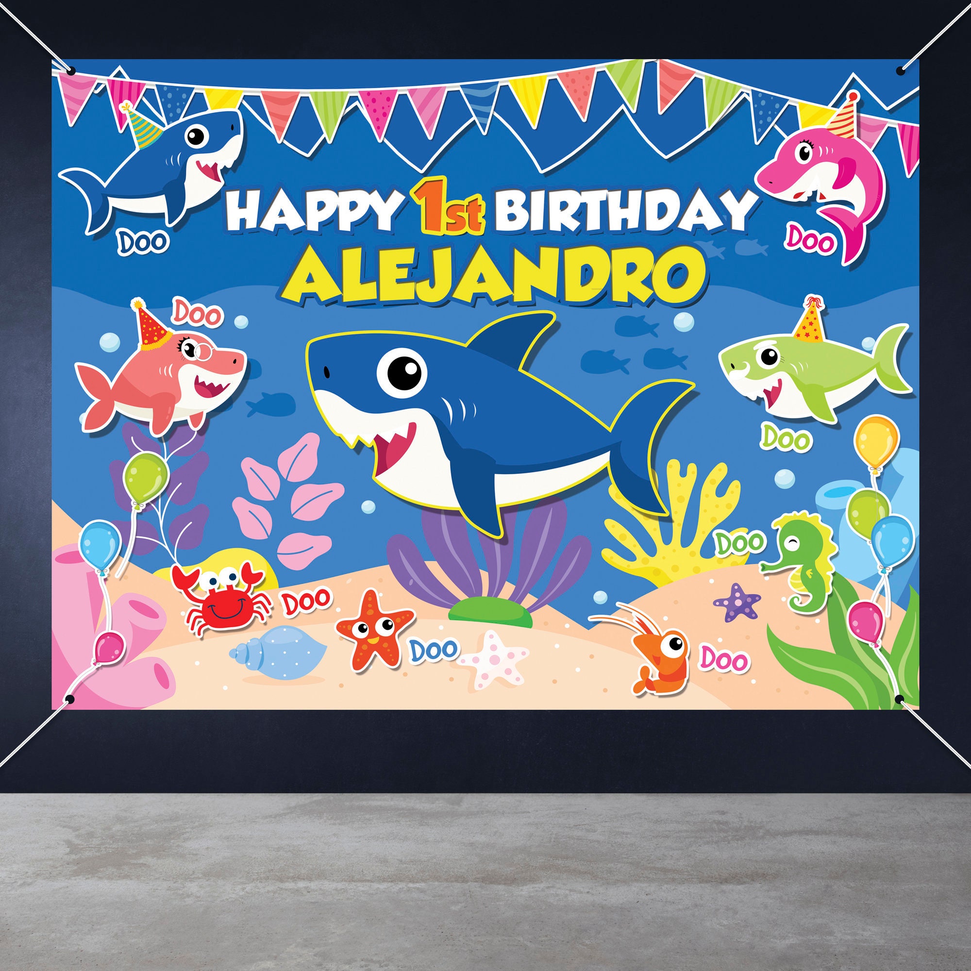 Shark theme printed backdrop shark blue birthday backdrop birthday banner decorations boy shark baby party blue shark banner