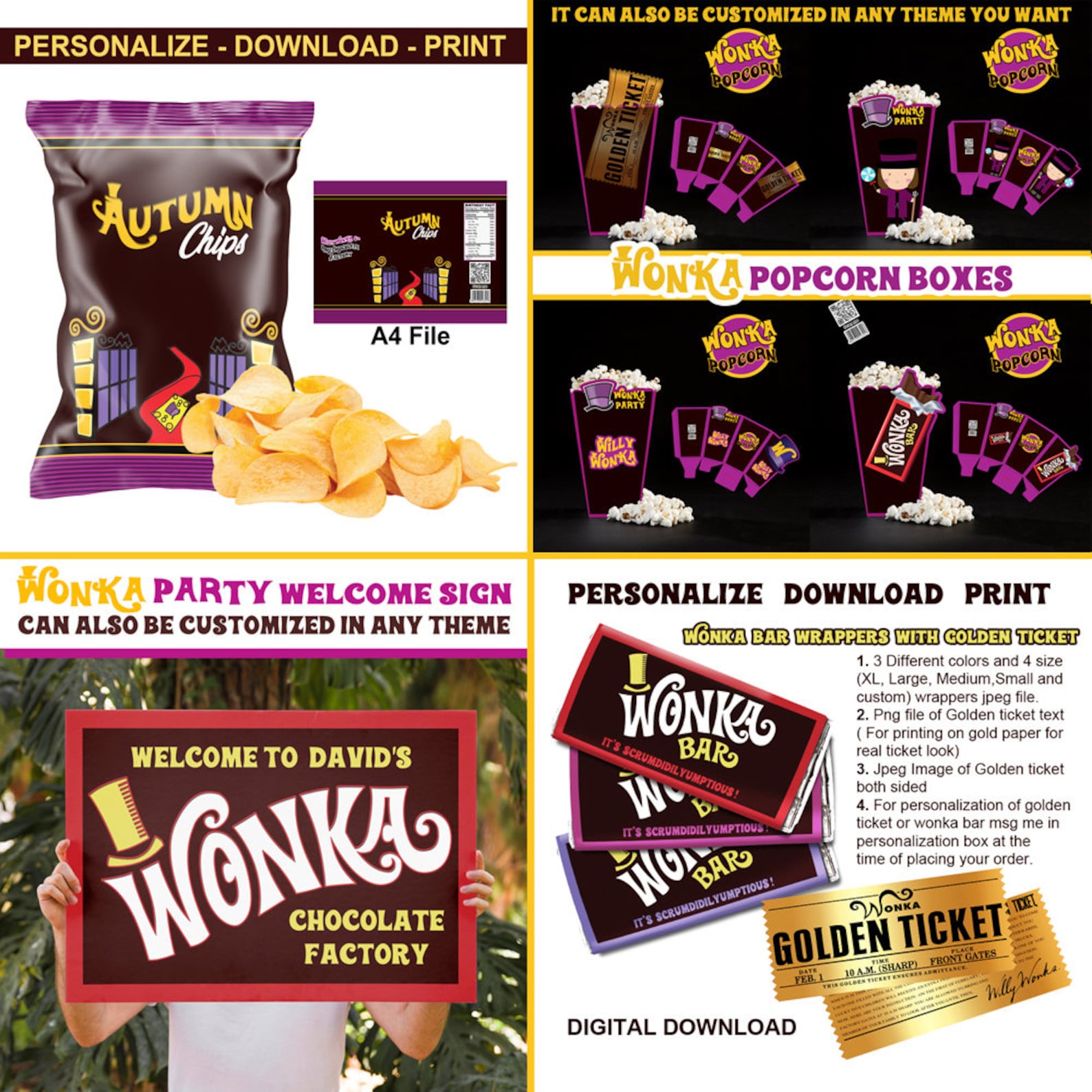 Willy Wonka Theme Party Printable Set Personalized Deluxe Etsy