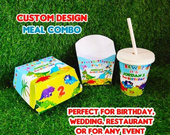 custom hamburger boxes, fries and soft drink combo box personalized favors birthday pink shark blue baby party slider fast food combo