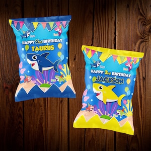 Blue shark theme chip bags blue boys yellow potato chips bag party favors printable shark baby birthday Personalize Pink