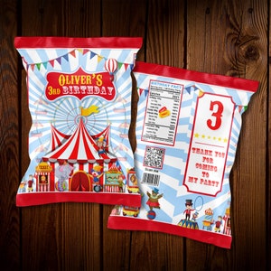 May include: Red and blue circus-themed chip bag with a white tent, a Ferris wheel, and a clown. The bag says "Oliver's 3rd Birthday". The back of the bag has a QR code and says "Thank you for coming to my party".