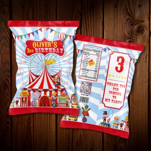 Circus carnival theme chip bags blue red boys carnival Personalize chip bags party favors download carnival printables joker theme birthday