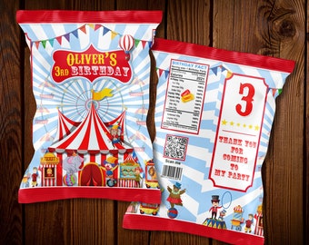 Personalized Circus Chip Bags, Carnival Birthday Party Favors (Digital Download)