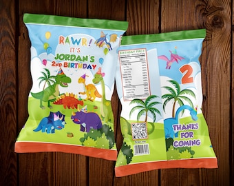 Dinosaur Birthday Party Chip Bag Favors - Personalized, Rawr Theme (Digital File)